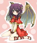  absurdres ankle_lace-up between_legs blush cross-laced_footwear dragon_girl dragon_wings fire_emblem fire_emblem:_seima_no_kouseki flip-flops full_body hand_between_legs highres looking_at_viewer mamkute myrrh pink_background purple_hair red_eyes robe sandals sitting smile solo turtleneck two_side_up v_arms wariza wings wristband zero-theme 