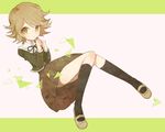  black_legwear blush brown_hair crossdressing danganronpa danganronpa_1 fujisaki_chihiro green_eyes kneehighs knees_together_feet_apart long_sleeves male_focus mary_janes open_mouth otoko_no_ko school_uniform shoes short_hair skirt solo soto 