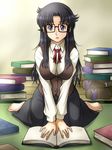  barefoot black_hair blue_eyes book breasts fujii_satoshi full_body glasses large_breasts long_hair long_skirt open_mouth read_or_die sitting skirt solo v_arms vest wariza yomiko_readman 