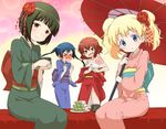  &gt;_&lt; :d alice_cartelet black_hair blonde_hair blue_eyes blue_hair blush brown_eyes closed_eyes dango flower food hair_flower hair_ornament inokuma_youko japanese_clothes kimono kin-iro_mosaic komichi_aya long_hair multiple_girls oomiya_shinobu open_mouth oriental_umbrella red_eyes red_hair sarashi short_hair smile twintails umbrella wagashi yanagida_fumita 