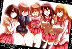  achiga_school_uniform atarashi_ako blue_eyes blush bottomless brown_hair cardigan choco_chip_(ekitai_idou) green_eyes jacket long_hair matsumi_kuro matsumi_yuu mittens multiple_girls necktie ponytail ribbon sagimori_arata saki saki_achiga-hen scarf short_hair smile takakamo_shizuno thighhighs track_jacket 