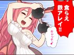  alternate_costume bat_wings breasts comic dumbbell head_wings koakuma kuresento long_hair medium_breasts open_mouth red_hair sleeveless smile solo speed_lines touhou translated wings 