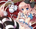  :o amamine bad_id bad_pixiv_id blue_eyes blush bow braid club_(shape) creamer_(vessel) cup diamond_(shape) hair_bow heart ia_(vocaloid) long_hair looking_at_viewer pink_hair skirt solo spade_(shape) striped striped_legwear sugar_cube sugar_tongs teacup teapot thighhighs vocaloid 