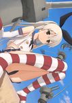  ass bare_shoulders black_panties blonde_hair blush elbow_gloves gloves hair_ribbon highres kantai_collection long_hair looking_at_viewer mocha_(snowflake) open_mouth panties rensouhou-chan ribbon ro-class_destroyer sailor_collar shimakaze_(kantai_collection) shinkaisei-kan sitting skirt solo striped striped_legwear thighhighs underwear white_gloves 