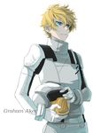  blonde_hair graham_aker gundam gundam_00 headwear_removed helmet helmet_removed holding holding_helmet hui_ming male_focus pilot_suit solo 