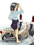  :o adjusting_hair artist_name barefoot black_hair blush brown_hair clothes_around_waist dated from_behind ground_vehicle honda_super_cub jacket_around_waist long_hair looking_back moped motor_vehicle original plaid plaid_skirt pleated_skirt rain retsumaru school_uniform see-through shirt shoes_removed skirt socks_removed solo standing wet wet_clothes wet_hair wet_shirt 