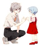  1girl age_difference ayanami_rei bangoul blue_hair child dress grey_hair mary_janes nagisa_kaworu neon_genesis_evangelion no_legwear pale_skin pinky_swear red_eyes shoes smile younger 