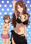  absurdres arm_behind_head armpits ass_visible_through_thighs bikini black_sarong breast_envy breasts brown_eyes brown_hair cleavage front-tie_top fujii_masahiro grin hand_on_hip highres long_hair medium_breasts misaka_mikoto mugino_shizuri multiple_girls navel nyantype official_art polka_dot polka_dot_background sarong scan see-through short_hair smile swimsuit to_aru_kagaku_no_railgun to_aru_majutsu_no_index 