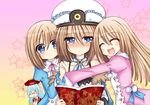  blanc blue_eyes blush book brown_hair closed_eyes glasses hat highres hug multiple_girls neptune_(series) nishizawa_mina open_mouth ram_(choujigen_game_neptune) rom_(choujigen_game_neptune) short_hair siblings sisters smile star zero-theme 