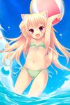  animal_ears armpits arms_up ball beachball bikini blonde_hair breasts fox_ears fox_tail front-tie_bikini front-tie_top green_bikini long_hair looking_at_viewer navel ocean original red_eyes ryo side-tie_bikini small_breasts smile solo swimsuit tail water 