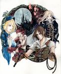  3boys alucard_(castlevania) bandana belt blonde_hair blue_eyes breasts brown_hair cape castle castlevania castlevania_iii:_dracula's_curse cloak dagger energy_ball full_moon gloves grant_danasty heterochromia hood jacket long_hair medium_breasts moon multiple_boys open_mouth pinkxxxna ralph_c_belmondo sypha_belnades vest weapon whip 