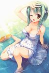  ;d absurdres bare_shoulders barefoot blue_ribbon blush bow breasts cleavage day dress feet flip-flops frilled_dress frills green_hair hair_bow highres huge_filesize large_breasts looking_at_viewer muririn noble_works one_eye_closed open_mouth partially_submerged ribbon sandals scan shading_eyes shoes short_hair single_shoe sitting sleeveless sleeveless_dress smile sundress toes tsukiyama_sena water wet wet_clothes wet_dress white_bow yellow_eyes 