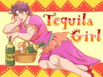  basket black_hair blonde_hair boots bottle caesar_anthonio_zeppeli chibi crossdressing dress hair_ornament jojo_no_kimyou_na_bouken joseph_joestar_(young) lipstick makeup multiple_boys otoko_no_ko tarahukukanimesi tequila 