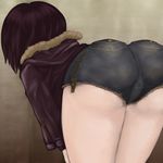  1girl ass bend bent_over brown_hair denim denim_shorts nounai_zayaku short_jeans short_shorts shorts solo thighs 