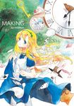  alice_(wonderland) alice_in_wonderland artist_name bird blonde_hair blue_dress bottle cake card clothes_grab cup dress floating_hair food goose key long_hair moekon playing_card solo teacup teapot traditional_media watercolor_(medium) white_rabbit 