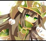  bangs brown_hair covered_mouth gnome_(mon-musu_quest!) green_eyes hat hime_cut long_hair mon-musu_quest! pointy_ears sidelocks solo zamudelin 