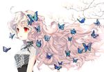  branch bug butterfly choker floating_hair flower gradient_hair insect long_hair mintchoco_(orange_shabette) multicolored_hair original parted_lips pink_hair red_eyes ribbon_choker silver_hair solo too_many very_long_hair 