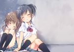  black_hair bow bowtie brown_hair closed_eyes ech hands_clasped interlocked_fingers multiple_girls original own_hands_together short_hair sitting sleeping smile sweater_vest 