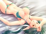  arm_up bikini breasts cleavage eyelashes green_bikini green_hair hand_on_forehead large_breasts long_hair lowleg lowleg_bikini lying navel o-ring o-ring_bikini o-ring_bottom o-ring_top on_back open_mouth orange_eyes original pointy_ears solo swimsuit upside-down yagisaka_seto 