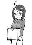  :&lt; ahoge black_hair box breast_rest breasts breasts_on_box carried_breast_rest glasses greyscale large_breasts long_sleeves monochrome on_box ribbed_sweater servant_x_service short_hair solo sweater ueyama_michirou yamagami_lucy 