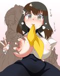  breast_grab breasts brown_hair gatchaman_crowds grabbing huge_breasts ichinose_hajime inverted_nipples j.j._robison mouth_hold nipple_penetration nipples nori_(akusei_shinseibutsu) saliva sweat 