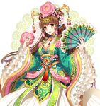  bad_id bad_pixiv_id brown_eyes brown_hair character_request chinese_clothes daisenran!!_sangokushi_battle dress fan floral_print flower folding_fan green_dress hair_flower hair_ornament hair_rings hair_stick hanfu jewelry long_hair long_sleeves multicolored multicolored_clothes multicolored_dress nardack necklace official_art pendant sash sidelocks smile solo white_dress wide_sleeves 