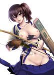  archery arrow blush bow_(weapon) breasts brown_eyes brown_hair gloves green_eyes highres japanese_clothes kaga_(kantai_collection) kantai_collection kyuudou looking_at_viewer medium_breasts muneate navel nipples partly_fingerless_gloves pubic_hair short_hair shoukaki_(earthean) side_ponytail single_glove solo torn_clothes weapon yugake 