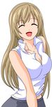  1girl bare_shoulders blonde_hair breasts cleavage eyes_closed female happy minami-ke minami_haruka open_mouth simple_background smile solo white_background 