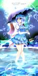  blue_hair bubble fish heterochromia highres juliet_sleeves karakasa_obake kuroneko_(fragrant_olive) long_sleeves musical_note open_mouth puffy_sleeves purple_umbrella shirt skirt skirt_set solo tatara_kogasa touhou tsukumogami umbrella vest wading water 