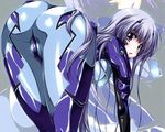  ass bent_over blush bodysuit breasts covered_nipples hanging_breasts inia_sestina lavender_hair long_hair looking_back medium_breasts muvluv muvluv_alternative muvluv_total_eclipse purple_eyes purple_hair solo very_long_hair zoom_layer 