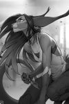  2018 5_fingers anthro black_hair black_nose breasts clothed clothing detailed_background digital_media_(artwork) female greyscale hair hybrid monochrome solo wildering 