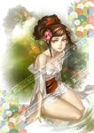  bare_shoulders breasts brown_hair cleavage comb flower hair_flower hair_ornament japanese_clothes medium_breasts momohime narrator_(nobody) oboro_muramasa solo 