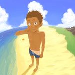  barefoot beach cloud day male_focus male_swimwear navel ocean original pants_pull pulled_by_self shirtless sky smile solo starfish swim_trunks swimwear tan tanline torte_(triggerhappy) water 