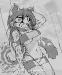  abs anthro breasts clothed clothing feline female fur greyscale hair macmegagerc mammal monochrome smile solo standing under_boob wide_hips 