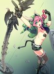  aqua_eyes arrow asmodeus_(the_seven_deadly_sins) black_legwear boots bow_(weapon) breasts demon_girl demon_horns demon_tail gloves hood horns large_breasts long_hair nishii_(nitroplus) official_art open_mouth pasties pink_hair pointy_ears shoes smile solo tail the_seven_deadly_sins thighhighs weapon 