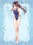  arms_behind_back barefoot brown_eyes brown_hair competition_swimsuit crossed_legs long_hair one-piece_swimsuit ponytail psychic_hearts solo standing swimsuit thigh_gap watson_cross yoshino_run 