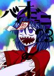  comic highres miyako_yoshika niiko_(gonnzou) purple_eyes purple_hair sharp_teeth solo teeth touhou 