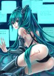  absurdres ass bad_id bad_pixiv_id character_name copyright_name detached_sleeves ethanol_(8521966) green_eyes green_hair hatsune_miku highres long_hair looking_back revision solo tattoo thighhighs very_long_hair vocaloid 