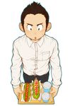  :o blush commentary_request erection food hot_dog male_focus open_mouth original penis penis_hot_dog shirt solo sweat torte_(triggerhappy) waiter 