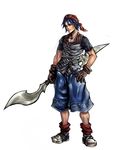  1boy blue_eyes blue_hair chrono_(series) chrono_cross dissidia_final_fantasy do-rag final_fantasy gloves parody serge shoes shorts smile style_parody weapon 