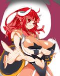  1girl bare_shoulders breasts curvy demon_girl detached_sleeves female horns huge_breasts kumakuma la_pucelle long_hair nippon_ichi pantyhose prier red_eyes red_hair solo standing succubus wings 