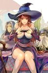  2boys beard breasts cleavage cup day dragon's_crown drinking_glass dwarf_(dragon's_crown) facial_hair final handheld_game_console hat large_breasts multiple_boys outdoors panties pantyshot pantyshot_(sitting) playing_games playstation_vita red_hair sitting smirk sorceress_(dragon's_crown) spilling staff table underwear wine_glass witch_hat wizard_(dragon's_crown) 