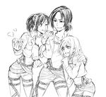  :t arm_grab belt christa_renz eating emblem food freckles friends graphite_(medium) greyscale hand_on_shoulder hug jacket kazaya monochrome multiple_girls one_eye_closed paradis_military_uniform ponytail potato sasha_braus shingeki_no_kyojin short_hair smile traditional_media training_corps_(emblem) uniform ymir_(shingeki_no_kyojin) 