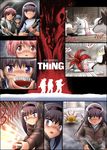  5girls akemi_homura axe black_hair blonde_hair blood blue_eyes blue_hair clenched_teeth comic crossover dog drill_hair eye_pop fangs flamethrower gun kaname_madoka kyubey mahou_shoujo_madoka_magica mami_mogu_mogu miki_sayaka monster multiple_girls open_mouth parody petri_dish pink_eyes pink_hair purple_eyes red_eyes red_hair sakura_kyouko severed_head shingyouji_tatsuya shotgun surprised sweat sweatdrop teeth the_thing tomoe_mami trembling twin_drills twintails weapon wire 