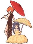  2girls china_dress chinese_clothes dress hikari_(pokemon) long_hair monochrome multiple_girls nozomi_(pokemon) oriental_umbrella pokemon pokemon_(anime) short_hair umbrella 