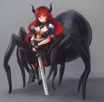  airomed arachne arceonn armor bangs bikini_armor borrowed_character breasts bridgeless_bra choker cleavage demon_horns full_body gauntlets gloves grey_background hands_together high_collar highres holding holding_sword holding_weapon horns insect_girl jewelry large_breasts light_smile long_hair looking_at_viewer md5_mismatch monster_girl multiple_legs navel necklace original pendant planted_sword planted_weapon red_hair runes shoulder_armor single_gauntlet single_glove slit_pupils solo spaulders spider_girl standing sword weapon yellow_eyes 