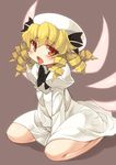  between_legs blonde_hair blush dress drill_hair hand_between_legs hat kneeling luna_child open_mouth red_eyes short_hair simple_background solo touhou tsuderou wavy_mouth wings 