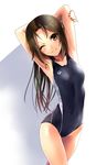  armpits arms_up blush brown_eyes brown_hair competition_swimsuit covered_navel cowboy_shot katahira_masashi long_hair looking_at_viewer one-piece_swimsuit one_eye_closed original pose simple_background smile solo stretch swimsuit white_background 