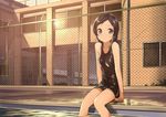  bad_id bad_pixiv_id black_eyes black_hair black_school_swimsuit black_swimsuit blush chain-link_fence domo1220 fence long_hair looking_at_viewer one-piece_swimsuit original pool poolside school_swimsuit sitting soaking_feet solo swimsuit twilight water wet 