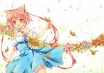  blush bug butterfly cat dress flower happy insect long_hair nemuri_nemu original petals pink_hair solo twintails yellow_eyes 